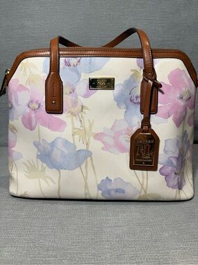 Ralph Lauren Cream Floral Satchel with Brown Trim